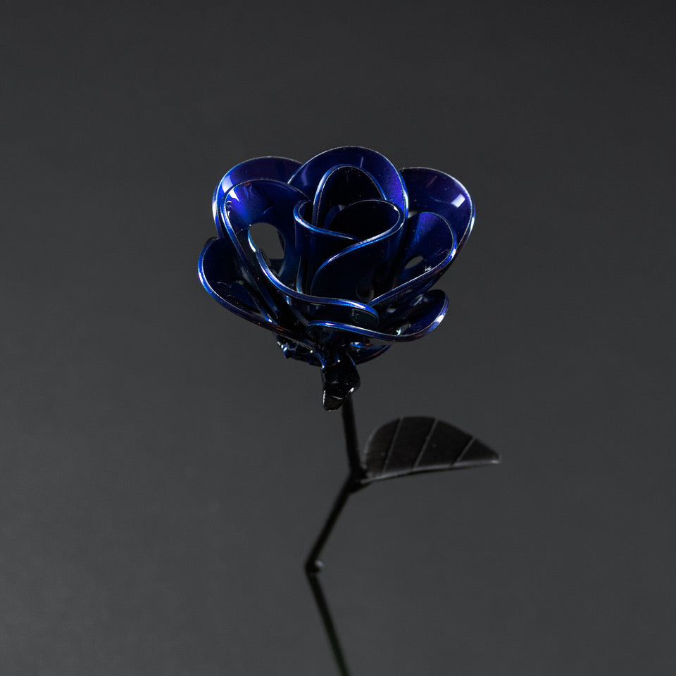 Blue and Black Immortal Rose, Recycled Metal Rose, Steel Rose Sculpture, Welded Rose Art, Steampunk Rose, Unique Gift for Valentine's Day.