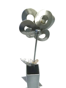 Metal Flower and Vase, Recycled Steel Metal Flower with Vase, Steampunk Flower.