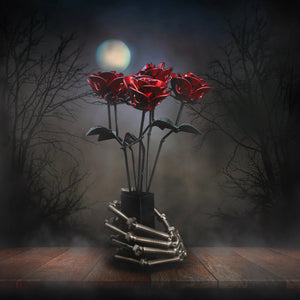 Creepy Skeleton Hand Vase with Metal Roses, Perfect for Dark Décor Sculpture