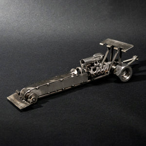 Repurposed  Metal Dragster, Steel Rail Top Fuel Figurine, Nuts and Bolts Drag Car Sculpture